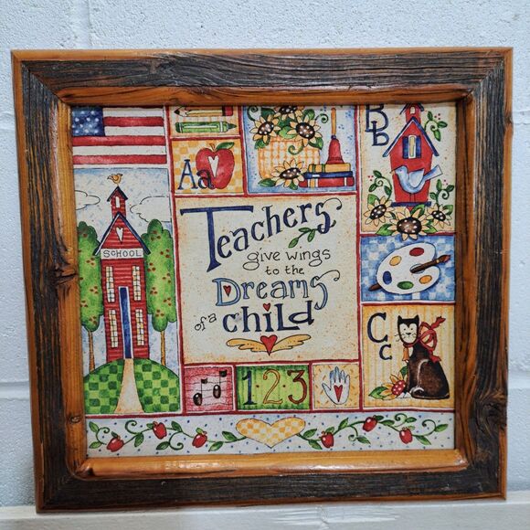 90s Art Canvas Teachers Give Wings To The Dreams Of Child Wood Framed 13.5"x13 - Picture 1 of 5